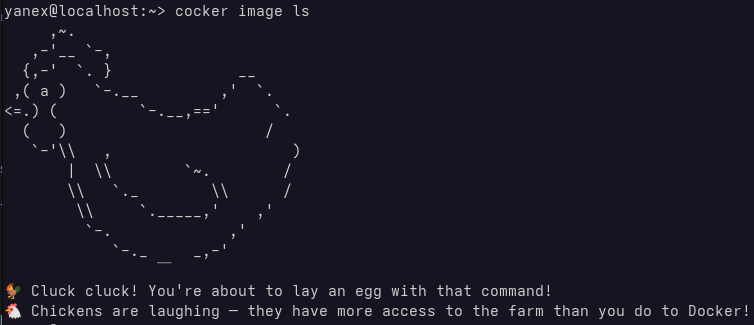 Screenshot of the terminal containing cocker command usage with an image of a chicken in ASCII display along with roast message for both typo and lack of root privileges