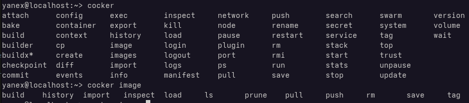 Screenshot of the terminal containing cocker auto complete usage, showing arguments from docker command